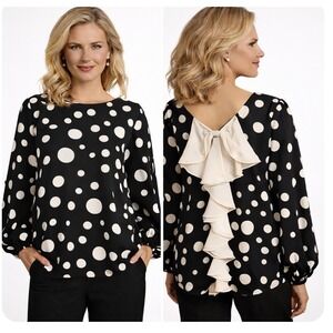 Patrizia Luca Women Polka Dot Blouse Top‎ Size L Bow Back Balloon Sleeve Office